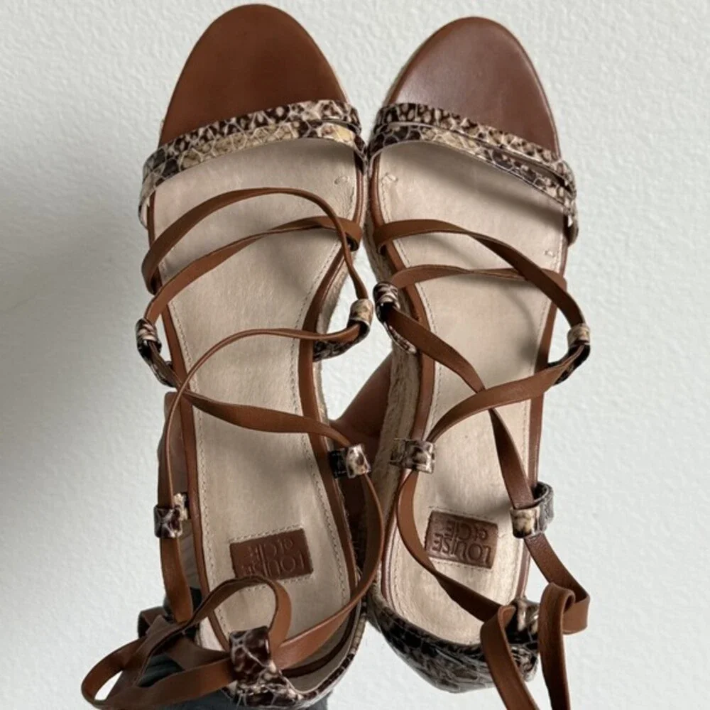 Louise et Cie Espadrille Wedge Sandals Brown Snake Print Lace Up Boho Strappy
